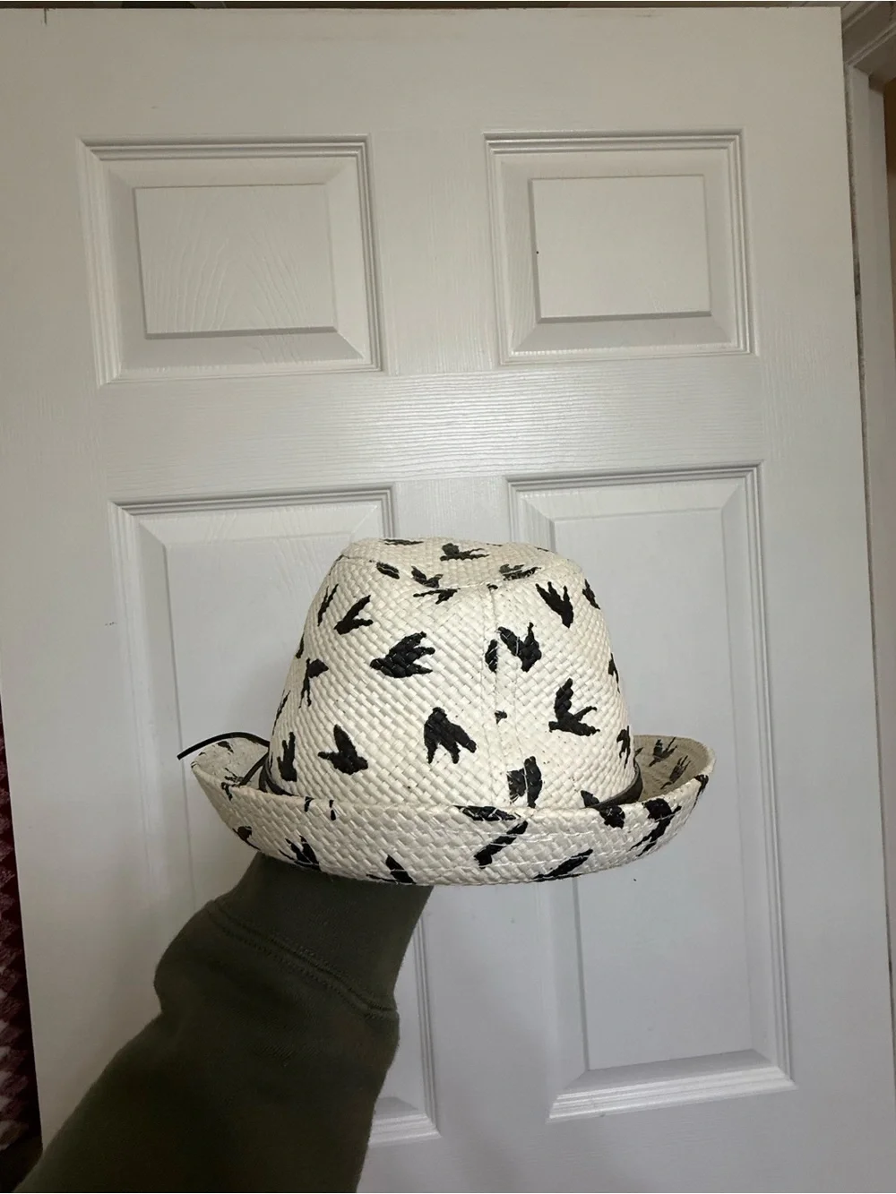 White Straw Hat with Black Bird Print